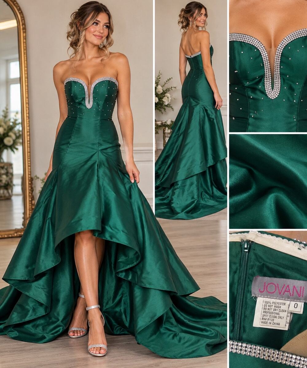 Jovan Emerald Green Rhinestone High Low Prom Gown Dress Size 0